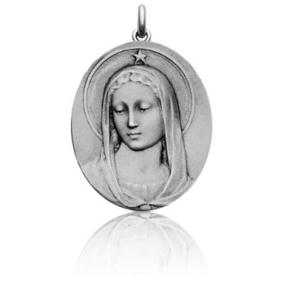 Médaille Vierge Maris Stella Ovale Or Blanc 750, Diamètre 18 mm à 22 mm - Becker