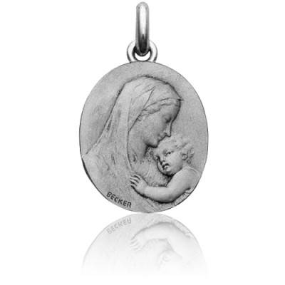 Médaille Vierge Maternité Ovale Or Blanc 750, Diamètre 18 mm à 22 mm - Becker