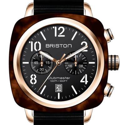 Briston Clubmaster Chrono Date Light Tortoiseshell Acetate Rose Gold PVD Watch Black Dial - Briston