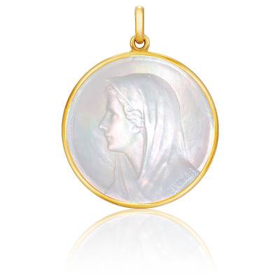 Médaille Vierge au Voile Ronde Nacre & Or Jaune 750, Diamètre 18 mm à 22 mm - Becker