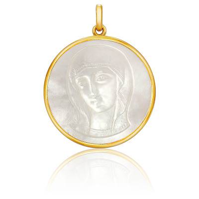 Médaille Vierge Byzantine Martelée Nacre & Or Jaune 750, Diamètre 18 à 22 mm - Becker