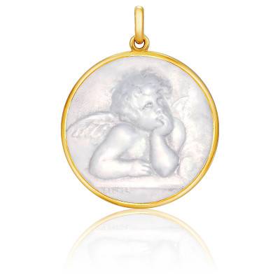 Médaille Ronde Ange Raphaël Nacre & Or Jaune 750, Diamètre 18 mm à 22 mm - Becker