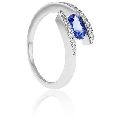Bague 2 Fils Or Blanc 750 & Diamants 0,13 ct et Saphir 0,95 ct - Les Valentines