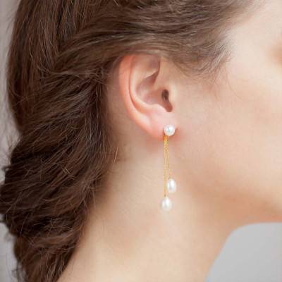 Boucles d'oreilles pendantes, trio de perles & Or Jaune 750 - Porchet