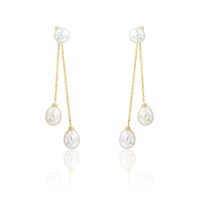 Boucles d'Oreilles Pendantes en Or Jaune 750 & Trio de Perles - Porchet