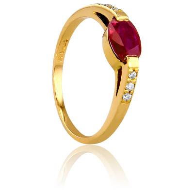 Bague en Or Jaune 750 & Diamants 0,06 ct et Ovale Rubis 0,95 ct - Les Valentines