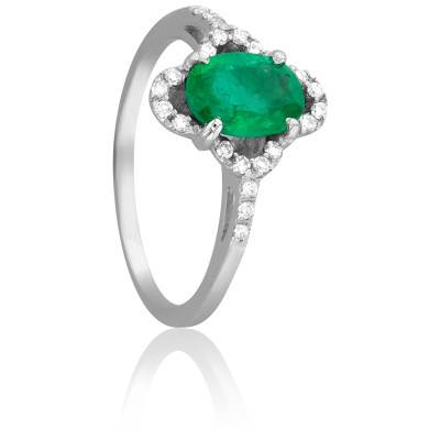 Bague Feston en Or Blanc 750 & Diamants 0,15 ct et Emeraude 1,20 ct - Les Valentines