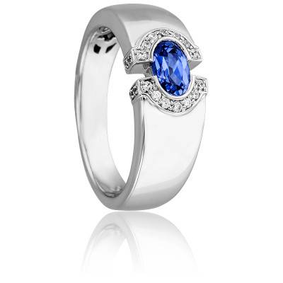 Bague Oeil de Lune en Or Blanc 750 & Diamants 0,104 ct et Saphir 0,70 ct - Joelli