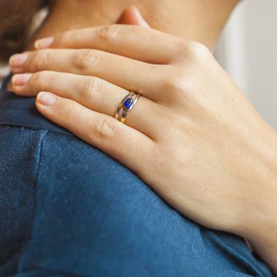 750 Two-Tone Gold Crossed Bands Solitaire Sapphire 0.46 ct Ring - Joelli