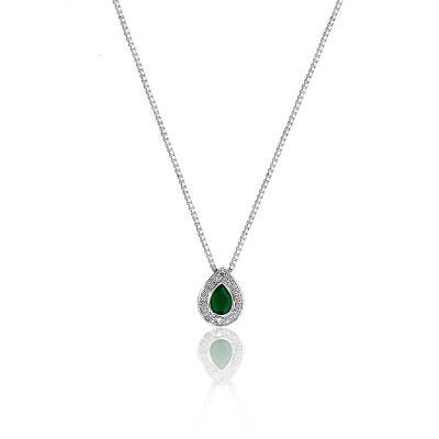Collier Poire en Or Blanc 750 & Diamants et Emeraude, Longueur 42 cm - Joelli