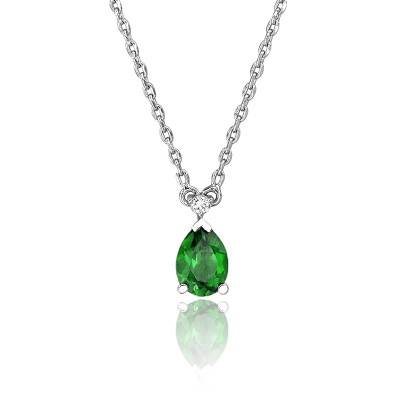 Collier Goutte en Or Blanc 750 & Diamant et Pierre Verte, Longueur 42 cm - Joelli