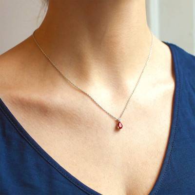 Collier rubis poire & diamant, Or Blanc 750, Longueur 42 cm - Joelli