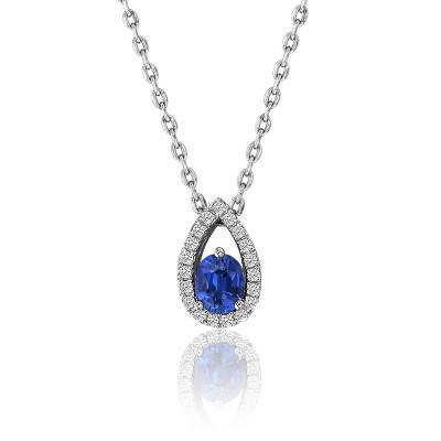 Collier en Or Blanc 750 & Diamants et Pierre Bleue, Longueur 42 cm - Joelli