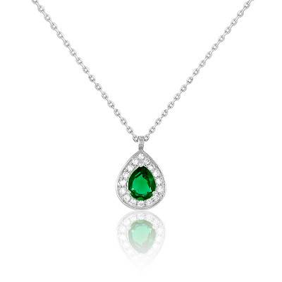 Collier Drop en Or Blanc 750 & Diamants et Emeraude, Longueur de 40 cm à 42 cm - Diamond Lady