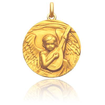 Médaille Ange à la Guitare Or Jaune 750, Diamètre 16 mm ou 19 mm - Becker
