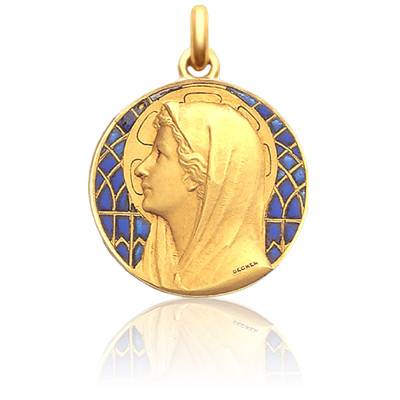 Médaille Vierge Au Voile Email Bleu Or Jaune 750, Diamètre 25 mm - Becker