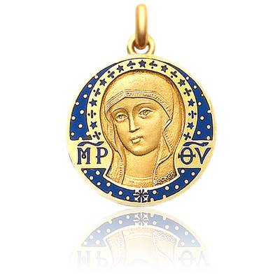 Médaille Vierge Byzantine en Email Bleu et Or Jaune 750, Diamètre 22 mm - Becker