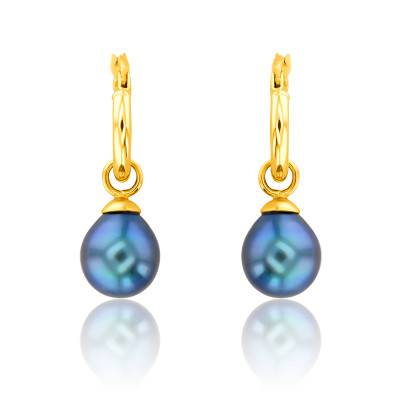 18K Yellow Gold & Tahitian Pearl Hoop Earrings, 12.30 mm Diameter - Porchet