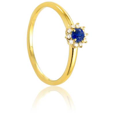 Bague Fleurette en Or Jaune 750 & Diamants 0,06 ct et Saphir 0,14 ct, - Diamond Lady