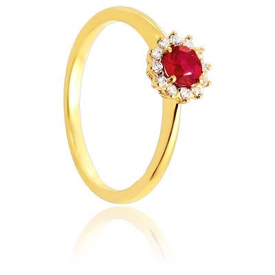 Bague Fleur en Or Jaune 750 & Diamants 0,08 ct et Rubis 0,32 ct - Diamond Lady