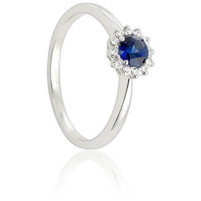 Bague Fleur en Or Blanc 750 & Diamants 0,08 ct et Saphir 0,40 ct - Diamond Lady