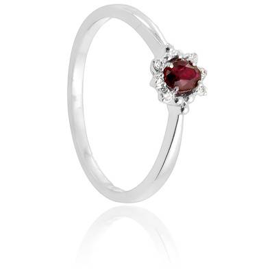 Bague Fleurette en Or Blanc 750 & Diamants 0,06 ct et Rubis 0,18 ct - Diamond Lady