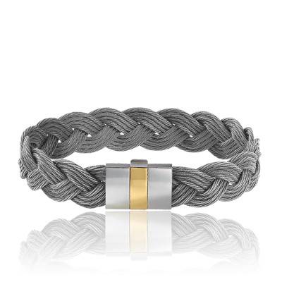 Bracelet Jonc Câble En Acier Gris Et Doré - Diamètre 6,7 Cm, 3 Mm Sur Base De 6 Mm, Bon état