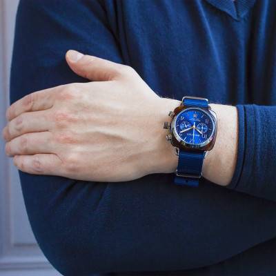 Tortoiseshell Cellulose Acetate Blue Dial Clubmaster Chrono Date Watch - Briston