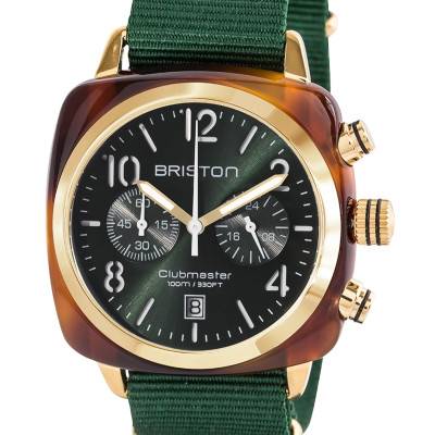 Briston Clubmaster Chrono Gold Green Tortoiseshell Cellulose Acetate Watch - Green Dial - Briston