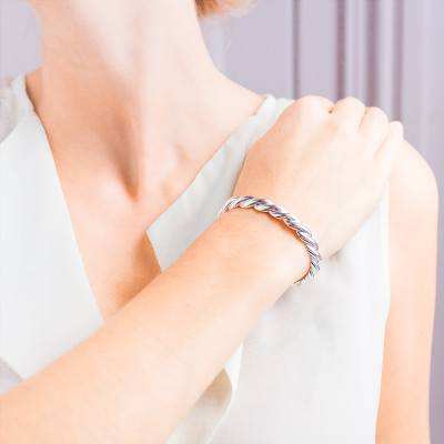 925 Silver Semi-Twisted Open Bangle, Diameter 65 mm, Width 8 mm - Artemis