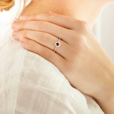 White Gold 750/1000 Ruby 0.36 ct and Diamond Halo 0.10 ct Solitaire Ring - Diamond Lady