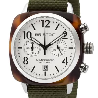 Clubmaster Chrono Date Tortoiseshell Acetate Watch, White Dial, Military Green Strap - Briston