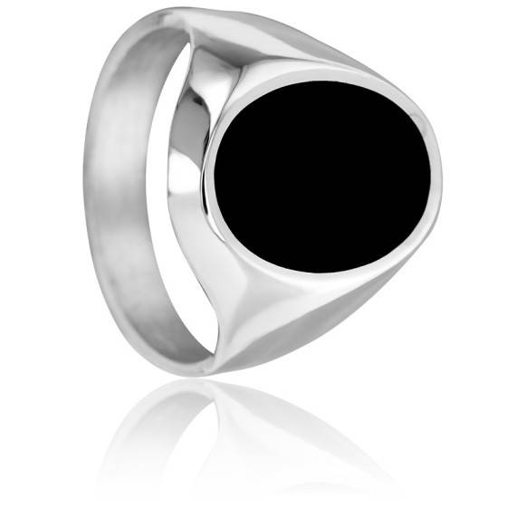Chevalière Argent Massif 925 Rhodié Taille 54 - Onyx Et CZ Diamant, Marque Dolly-Bijoux, Neuve