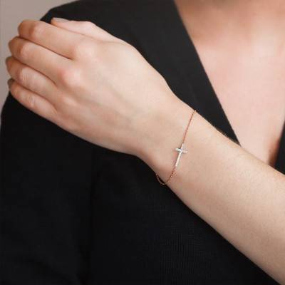 Rose Gold 750/1000 Diamond Cross Bracelet, 16 cm to 18 cm - Joelli