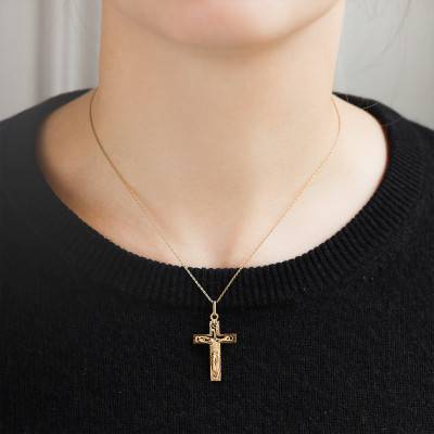 750/1000 Yellow Gold Openwork Sunray Crucifix Pendant - Lucas Lucor