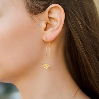 Yellow Gold-Plated Ginkgo Leaf Drop Earrings - Naïades