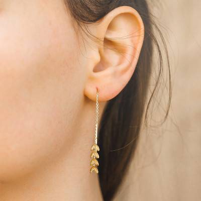 Yellow Gold-Plated Laurel Leaf Chain Drop Earrings - Naïades