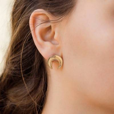 Boucles d'oreilles fantaisie lune perlée, plaqué or jaune - Naïades