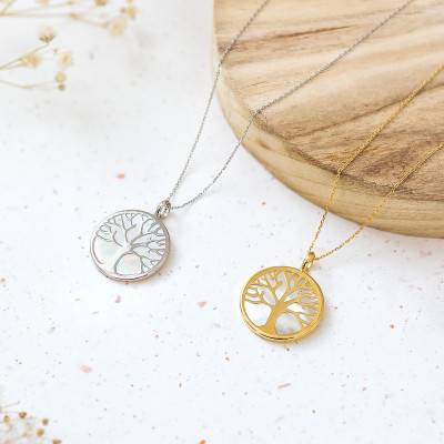 Médaille Arbre de Vie Nacre & Or Blanc, Diamètre 20 mm - Vandona