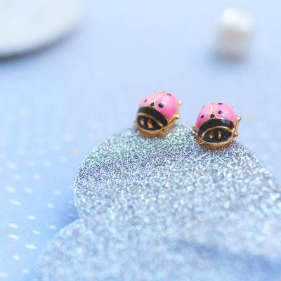 Yellow Gold Pink Ladybug Stud Earrings - Bambins