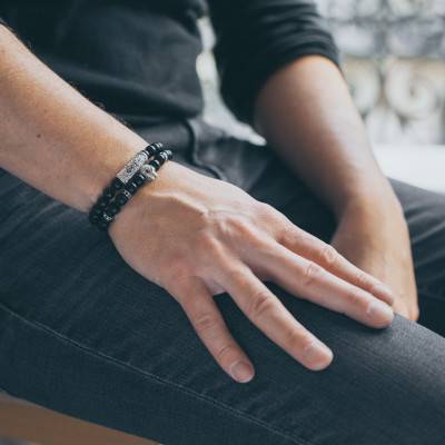 Black Agate & White Skull Black Zirconium Oxide Exclusive Bracelet - Lauren Steven