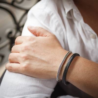 925 Silver Braided Leather Bracelet, 22 cm Length - Guiot De Bourg