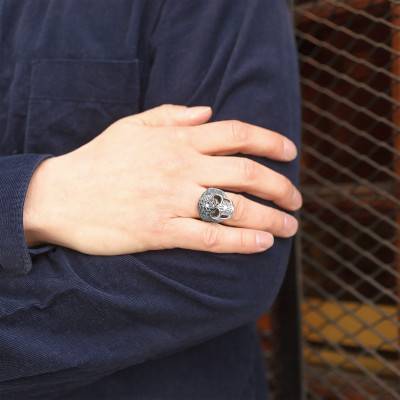 925 Silver & Black Stone Skull Signet Ring - Orus Bijoux