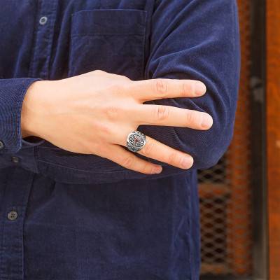 925 Silver & Red Stone Cross Signet Ring - Orus Bijoux