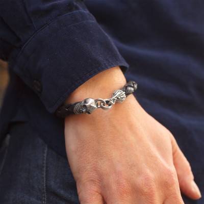 925 Silver & Leather Skull Bracelet, Length 20 cm to 23 cm - Orus Bijoux