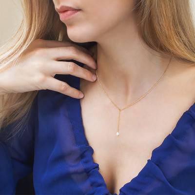 750 Yellow Gold Drop Necklace with Pear Drilled Diamond F/VS2, Length 40 cm to 45 cm - Ocarat