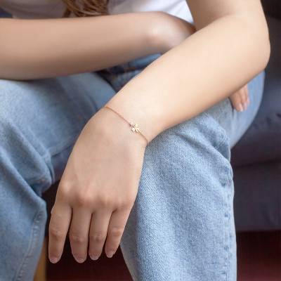 750/1000 Rose Gold & Diamond Bow Bracelet, Length 17.5 cm, Width 1 mm - Caterina B