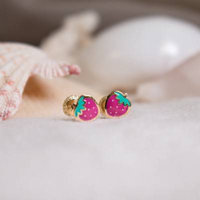 Yellow Gold & Enamel Strawberry Stud Earrings - Bambins