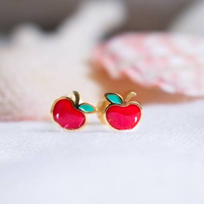 Yellow Gold Enamel Apple Stud Earrings - Bambins