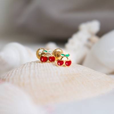 Boucles d'oreilles cerises email & or jaune - Bambins